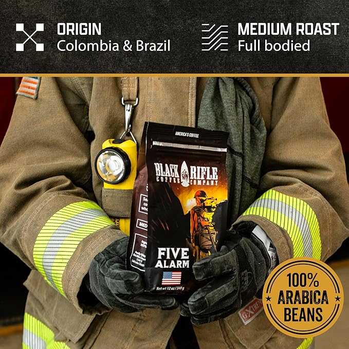 Black Rifle Coffee Company Five Alarm, 12oz Bag, Ground Coffee Medium Roast - Roasted Blend Made from Arabica Beans - Colombian & Brazilian Beans - Veteran Founded & American Made