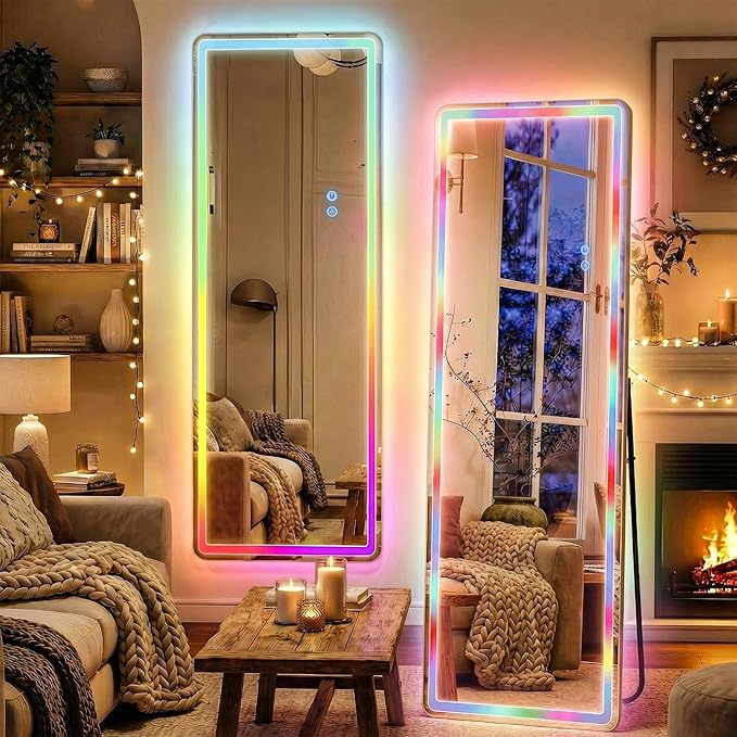 VooBang 64"x21" RGB LED Full Length Mirror, Floor Body Dressing Mirror with RGB Color Changing Lights, Standing Leaning Wall Mounted for Bedroom, Living Room