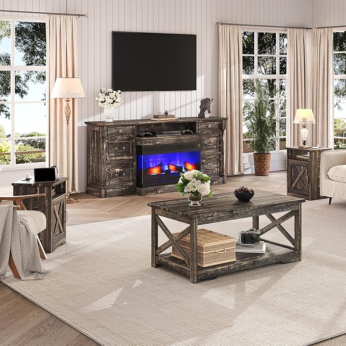 3-Piece Farmhouse Living Room Table Sets, Includes 1 x Coffee Table, 2 x End Tables with Charging Station & USB Ports, Rustic Coffee Table Set of 3, Black Oak