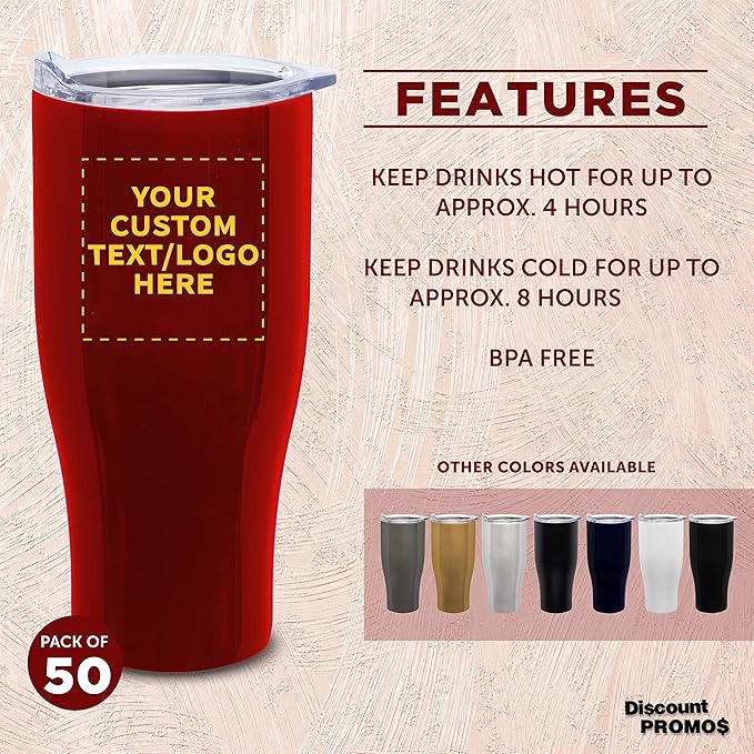 Custom Stainless Steel Grip Travel Mugs 27 oz. Set of 50, Personalized Bulk Pack - Perfect for Coffee, Soda, Other Hot & Cold Beverages - Red