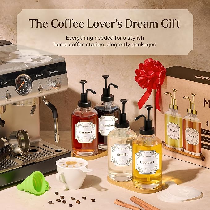 Glass Coffee Syrup Dispenser for Coffee Bar - Set of 2 Black 500 ml / 16.9 oz Glass Syrup Bottles, Includes Bamboo Tray, 16 Stencils, Labels, Coffee Bar Accessories