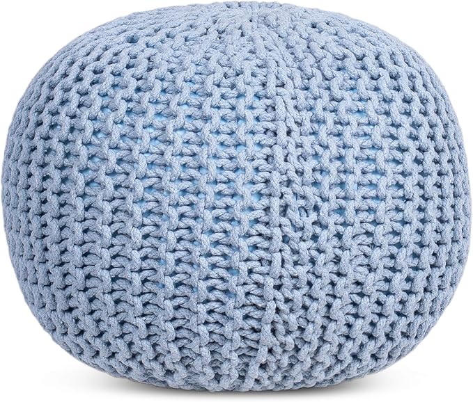 BIRDROCK HOME Round Pouf Ottoman | Cotton Braided Foot Stool with Bean Bag Filling | Boho Foot Rest for Living Room & Bedroom | Compact & Comfortable Seating, Lightweight & Soft | Soft Blue