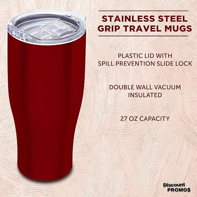 DISCOUNT PROMOS Stainless Steel Grip Travel Mugs 27 oz. Set of 10, Bulk Pack - Perfect for Coffee, Soda, Other Hot & Cold Beverages - Red