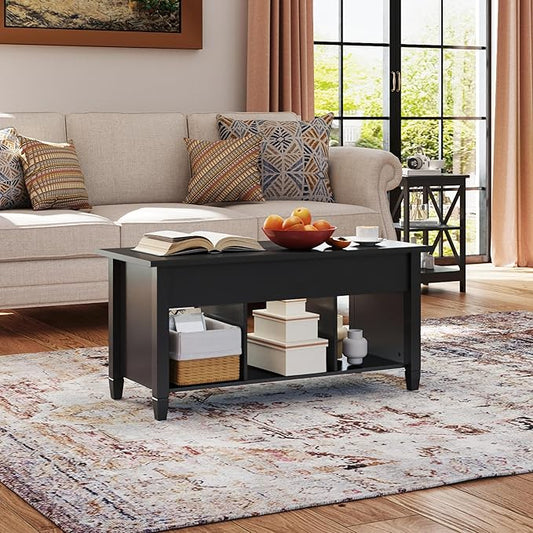 Yaheetech Coffee Table, Lift Top Coffee Table w/Hidden Storage Compartment & Lower 3 Cube Open Shelves, Lift Tabletop Center Tables for Living Room/Reception Room/Office, Black