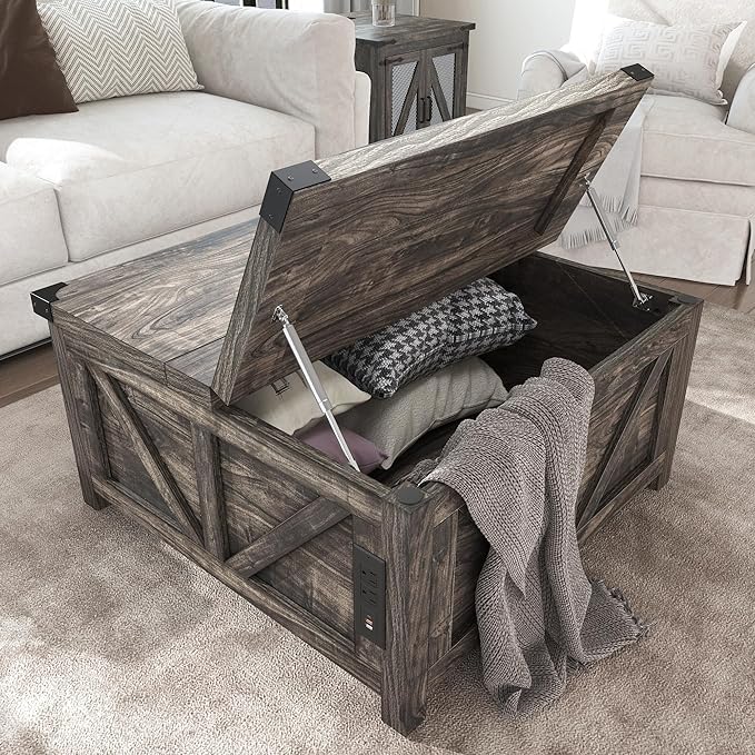 Farmhouse Lift Top Coffee Table with Storage, Wood Square Center Table with Charging Station&USB Port, Living Room Table w/Large Hidden Space, for Living Room, Bedroom, Home Office, Dark Grey