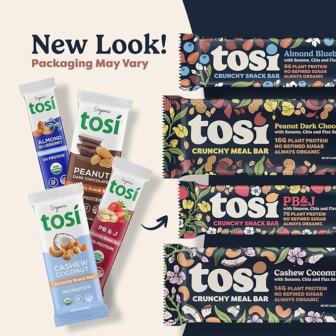 Tosi Nut Bars, Cashew, Healthy Snacks for Adults & Kids, Plant Based Crunchy Bars (6G Protein), Organic Keto Snacks, Vegan, Gluten & Soy Free, Low Sugar, Omega 3s, 1oz, 12-Pack