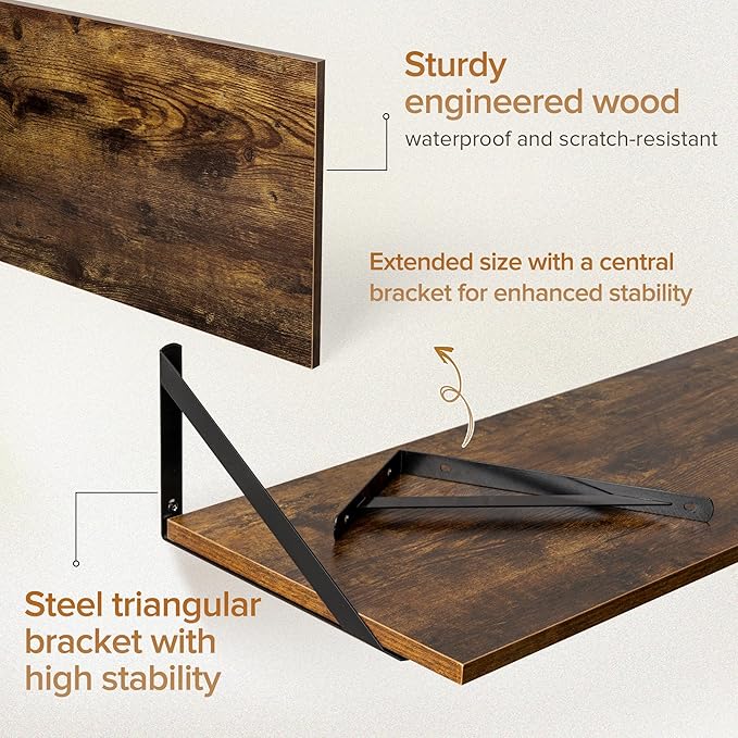 Deep Floating Shelves Wall Mounted, 36"x12" Brown Wood Shelves with Brackets Set of 2 for Bedroom, Living Room, Bathroom, Kitchen, Office - Storage & Display Shelf for Decor, Books, Plants