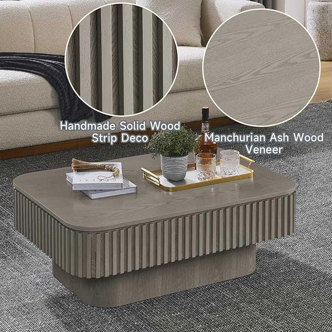 SZTHHDF Lift Top Coffee Table for Living Room,Rectangle Handmade Solid Wood Strips, Fluted Coffee Table with Hidden Storage Compartment Small Space Office Apartment (38.6" L×26.8''W×13.8''H-Grey)