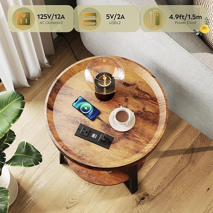 WLIVE Round End Table with Charging Station, Small Round Coffee Table, 2 Tier Side Table for Living Room/Bedroom, Sofa Couch, Wood Tabletop & Metal Frame, Rustic Brown