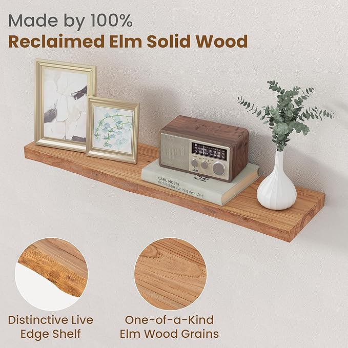 Floating Shelves for Wall Decor, Rustic Solid Elm Wood Live Edge Floating Shelves Wall Mounted, Wall Shelves with Invisible Bracket for Living Room Bathroom Bedroom Kitchen, 30 Inch Set of 2, Natural