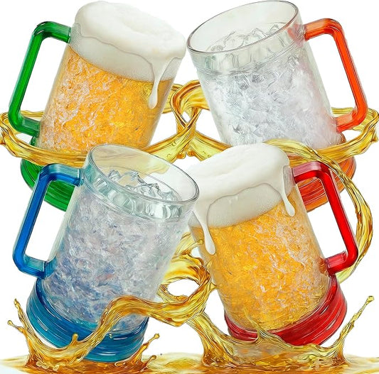 Beer Mugs for Freezer (Set of 4), 16oz Double Walled Glasses, Frozen Cooling Cups with Color-Coded Handles, Break-Resistant Acrylic Frosty Insulated Beer Mug for Dad, Men, Pool Parties & BBQ