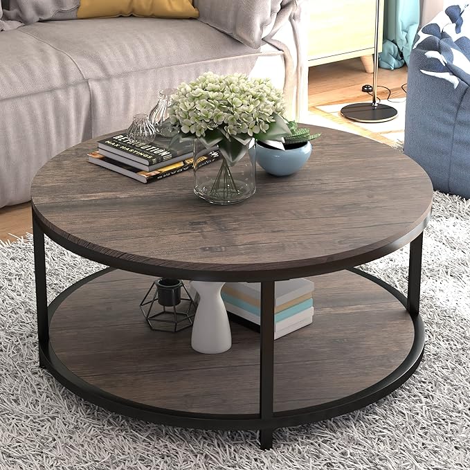 NSdirect Round Coffee Table,36" Coffee Table for Living Room,2-Tier Rustic Wood Desktop with Storage Shelf Modern Design Home Furniture(Light Walnut)