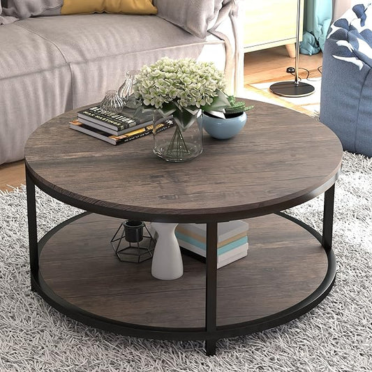 NSdirect Round Coffee Table,36" Coffee Table for Living Room,2-Tier Rustic Wood Desktop with Storage Shelf Modern Design Home Furniture(Light Walnut)
