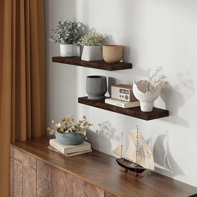 30 Inch Floating Shelves Set of 2, Rustic Solid Elm Wood Floating Shelf for Farmhouse, Living Room, Bedroom, Wall Mounted Bathroom Shelves Heavy-Duty Wall Shelf with Invisible Bracket, Walnut