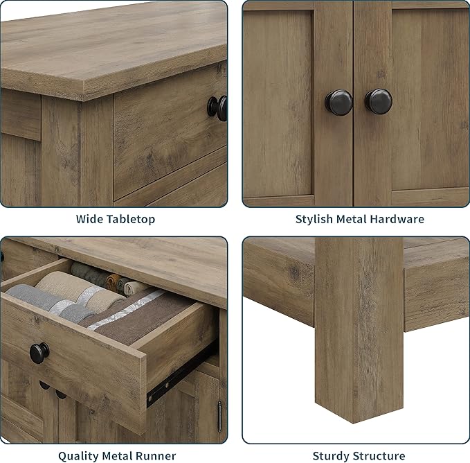 HOSTACK Farmhouse Console Table with 2-Door Cabinet & 2 Drawers, Coffee Bar, Entryway Table with Storage Shelf, Sofa Tables Buffet Sideboard for Kitchen, Hallway, Dining, Living Room, Rustic Brown