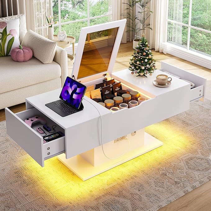 LED Coffee Table, 44" 3-Drawers Modern Coffee Table with Storage and Charging Station, for Living Room, White