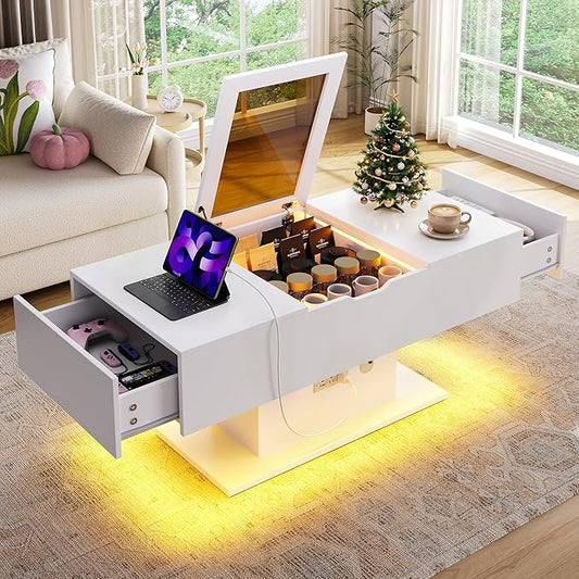 LED Coffee Table, 44" 3-Drawers Modern Coffee Table with Storage and Charging Station, for Living Room, White