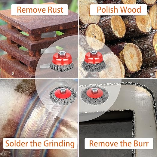 Gaquolam Wire Wheel Brush for 4 1/2 Angle Grinder, 5/8"-11 Thread Arbor,4 & 3 Inch Twist Knotted Coarse Crimped Wire Brushes (4pcs Wire Wheels)