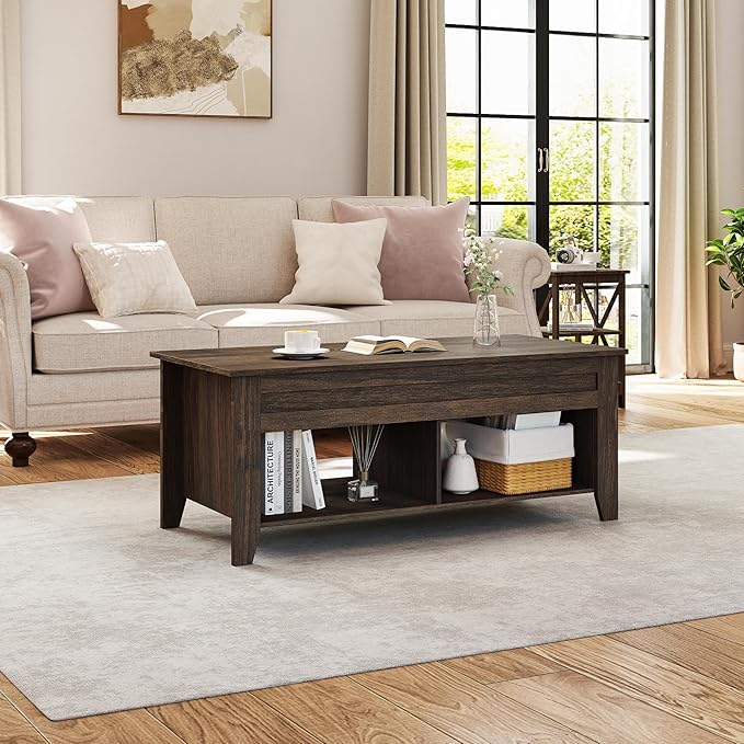 Yaheetech Lift Top Coffee Table with Hidden Storage Compartment & Seperated Lower Shelf, Lift Up Coffee Table, Rising Tabletop Dining Table for Living Room, 39.5 in L, Espresso