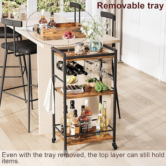 3 Tier Rolling Bar Cart with Wheels, Wine Cart with Removable Tray, Rustic Bar Carts Small, Drink Cart for Small Spaces, Beverage Cart, Liquor Cart for Kitchen, Living Room(Rustic Brown)GBC513R