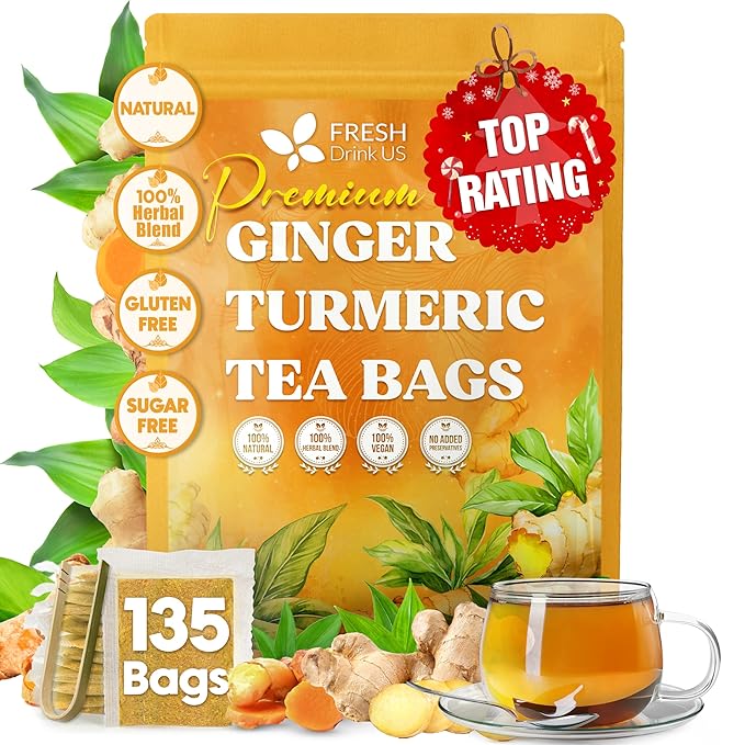 FreshDrinkUS, Premium 135 Turmeric Ginger Tea Bags, 100% Natural Ingredients, Hand-made Blend of Turmeric and Ginger Herbal Tea, Eco-conscious Tea Bags. No Sugar, No Caffeine, No Gluten, Vegan.