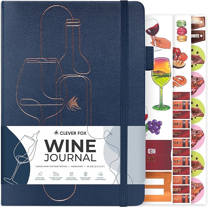 Clever Fox Wine Journal for Wine Tasting – Guided Wine Diary & Log Book with Tasting Instructions, Aroma Wheel, Food Pairing & Glass Guide – 132 Entries, Hardcover, A5 Size (Night Blue)