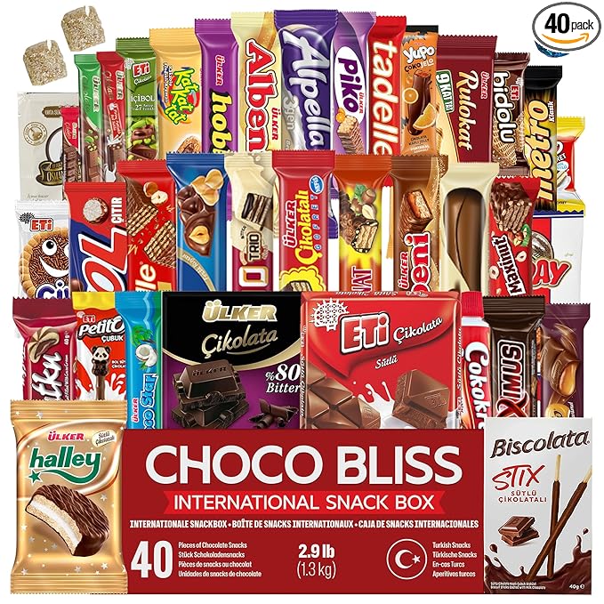 Eastanbul International Snack Box, 40 Chocolate Assortment Bars, Turkish Exotic Snacks, Foreign Exotic Candy Box of Assorted Chocolate for Adults and for Kids, Gift for Holidays & Birthdays