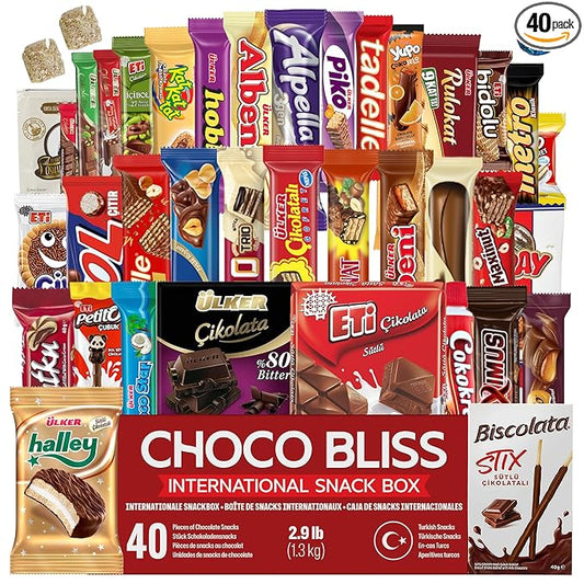 Eastanbul International Snack Box, 40 Chocolate Assortment Bars, Turkish Exotic Snacks, Foreign Exotic Candy Box of Assorted Chocolate for Adults and for Kids, Gift for Holidays & Birthdays