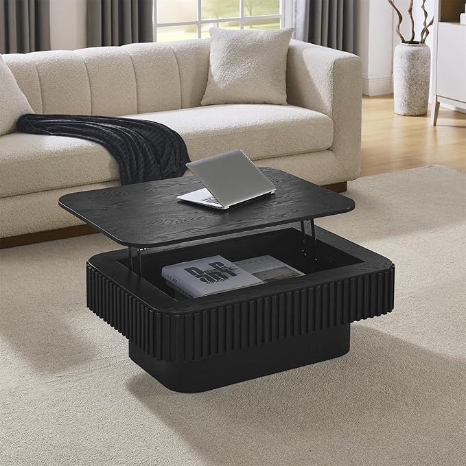 SZTHHDF Lift Top Coffee Table for Living Room,Rectangle Handmade Solid Wood Strips, Fluted Coffee Table with Hidden Storage Compartment for Small Space Office Apartment (38.6"L×26.8''W×13.8''H-Black)