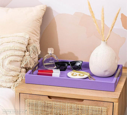 Modern Elegant 17.5"x12" Rectangle Purple Lavender Shagreen Faux Leather Decorative Tray Ottoman Coffee Table Perfume Living Room Kitchen Serving Tray with Silver Metal Handles by Home Redefined