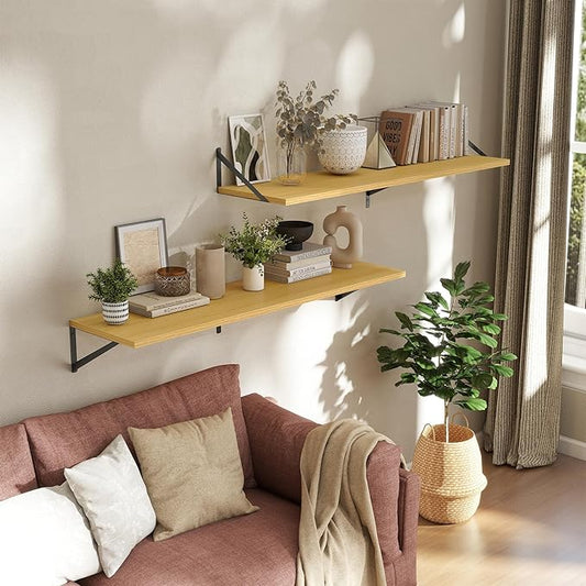Deep Floating Shelves Wall Mounted, 48"x12" Oak Wall Shelves with Brackets Set of 2 for Bedroom, Living Room, Bathroom, Kitchen, Office - Storage & Display Shelf for Decor, Books, Plants