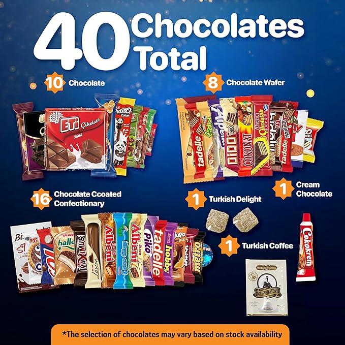 Eastanbul International Snack Box, 40 Chocolate Assortment Bars, Turkish Exotic Snacks, Foreign Exotic Candy Box of Assorted Chocolate for Adults and for Kids, Gift for Holidays & Birthdays
