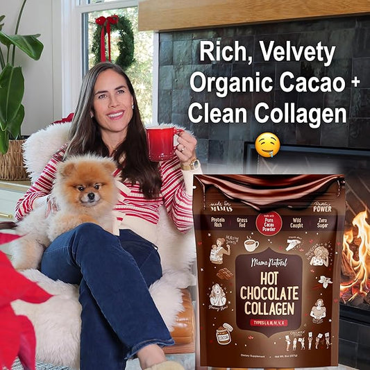 Mama Natural Hot Chocolate Multi Collagen Protein Powder, Made with Organic Cacao, Types 1, 2, 3, 4, 5, 10 Collagen Peptides Powder - Grass Fed Beef, Wild Fish Marine & USA Eggshell - 16 Servings