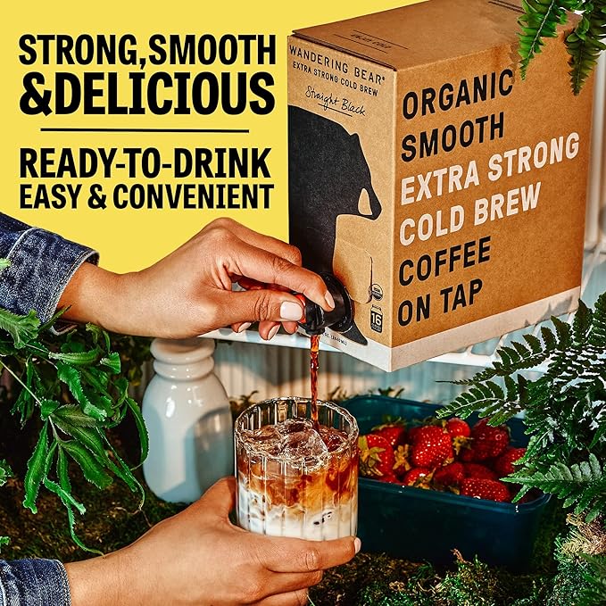 Wandering Bear Straight Black Organic Cold Brew Coffee On Tap, Iced Coffee Drink - Extra Strong, Bold, Smooth, No Sugar Added, Shelf-Stable, Ready to Drink & Vegan, 100% Organic - 128 fl oz (1 gallon)