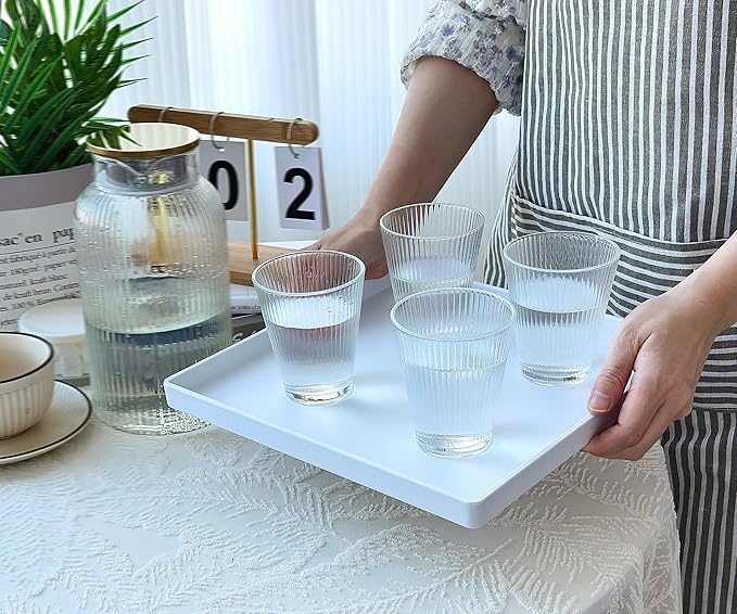 White Square Tray 11 Inch - 3 Pack Plastic Serving Tray, Multi-Purpose Decorative Tray for Bathroom Countertop, Dresser, Ottoman & Coffee Table, Vanity Tray for Jewelry & Makeup, White