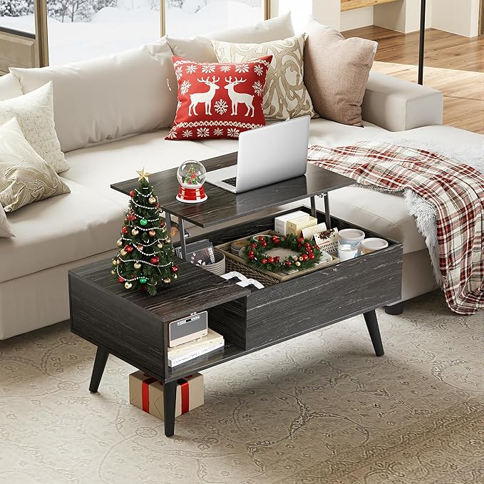 WLIVE Coffee Table for Living Room, Lift Top Coffee Table with Storage, Small Rising Wooden Dining Center Table with Storage Shelf & Hidden Compartment, 39" Black Oak