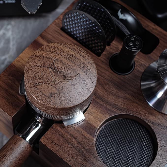 58mm Espresso Tamping Kit Walnut Tamper Station and Knock Box for Coffee Grounds Disposal and Tool Organization