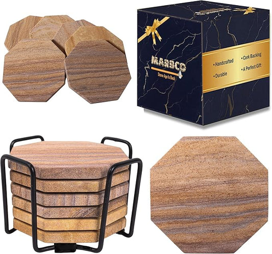 Sandstone Water Absorbent Hand Crafted Octagon Coasters with Holder for Drinks 4 Inches Wide Thirsty Stone Bar/Drink Coasters Made from Real Solid Stone (with Holder, Set of 6)