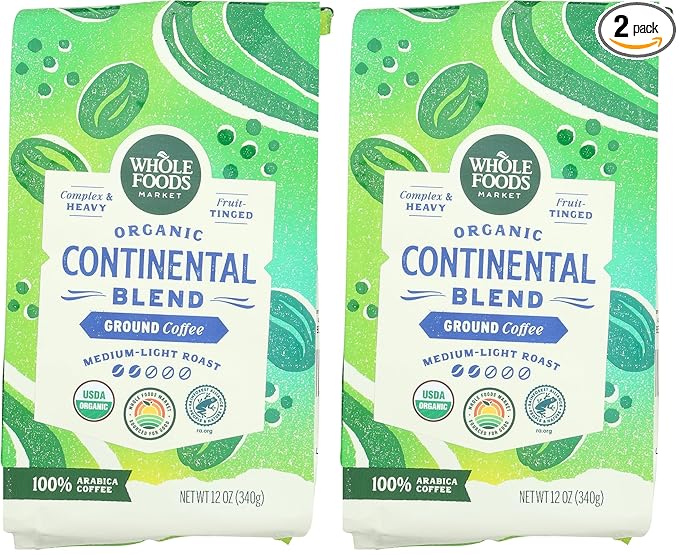 WHOLE FOODS MARKET Organic Ground Continental Blend Coffee, 12 OZ (Pack of 2)