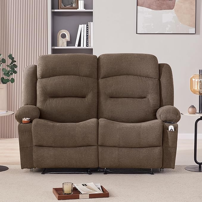 Oversized Recliner Loveseat with Heat and Massage, Wall-Hugger Reclining Sofa with Cup Holders and USB Port, Big Large 2-Seater Double RV Recliner Loveseat for Living Room (Fabric, Brown)