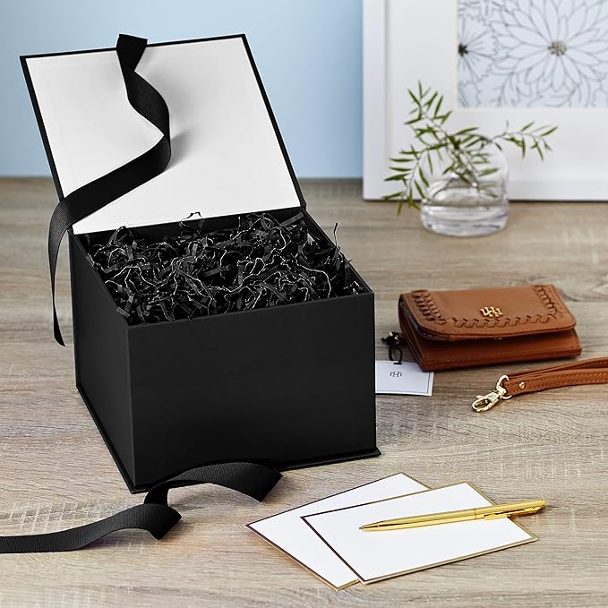 Hallmark Medium Gift Box with Lid and Shredded Paper Fill (Black 7 inch Box) for Weddings, Graduations, Birthdays, Father's Day, Groomsmen Gifts, All Occasion