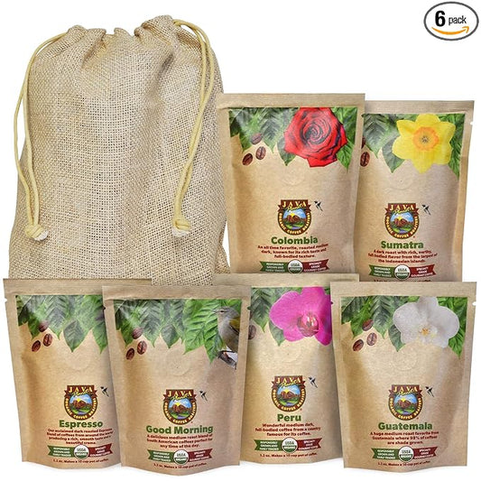Java Planet, Coffee Gift Basket Sampler Set, for Coffee Lovers in Linen Bag: Low Acid Organic Beans: Whole Bean, Mold-Free & Stomach Friendly - Arabica Gourmet, 1.32 LBs (19.2 oz) packaged in 6 Bags Each 3.2 oz