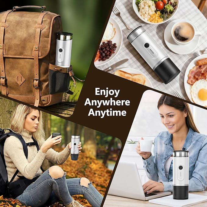 Portable Electric Espresso Machine, Self-Heating Travel Coffee Maker with USB-C, Compatible with Ground Coffee & NS Capsules, Ideal for Camping, Car, RV, Hiking & Office (White)