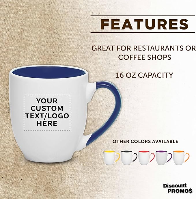 Custom Bistro Style Large Coffee Mugs 16 oz. Set of 10/50/100, Personalized Bulk Pack - Perfect for Coffee, Tea, Espresso, Hot Cocoa, Other Beverages - Cobalt Blue