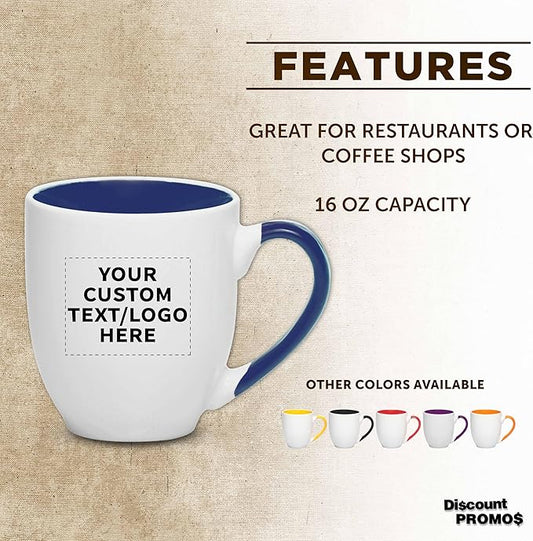 Custom Bistro Style Large Coffee Mugs 16 oz. Set of 10/50/100, Personalized Bulk Pack - Perfect for Coffee, Tea, Espresso, Hot Cocoa, Other Beverages - Cobalt Blue