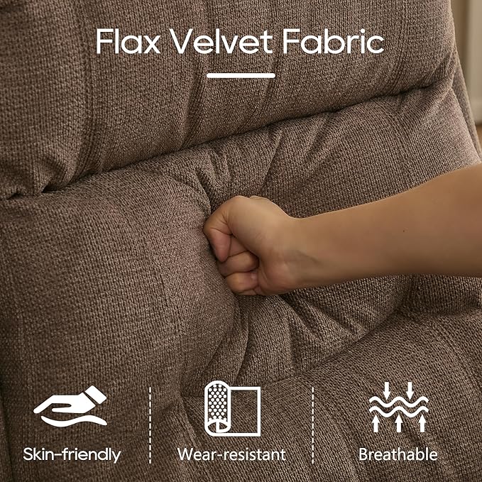 DRMBOOK RV Loveseat Recliner Sofa with Console, Flax Velvet Double Wall Hugger Reclining Couch Manual Home Movie Seating 2 Person Recliner Chair with Cup Holders/Storage/Pocket/Lumbar Pillow, Brown