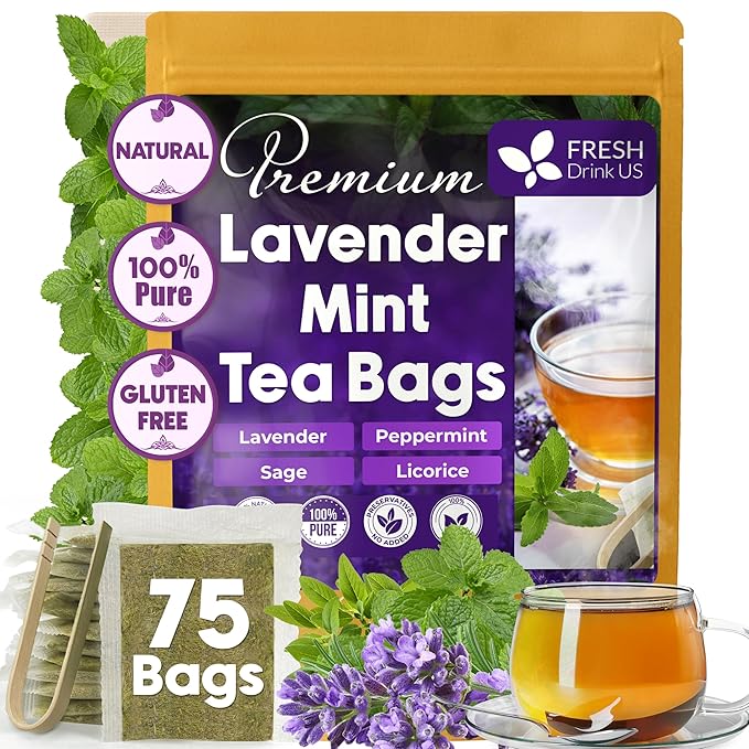 FreshDrinkUS, Premium 75 Tea Bags Lavender Mint Tea, 100% Natural, Blend of Lavender, Peppermint, Sage and Licorice. Made with Natural Material Tea Bags. No Sugar, No Caffeine, Vegan.