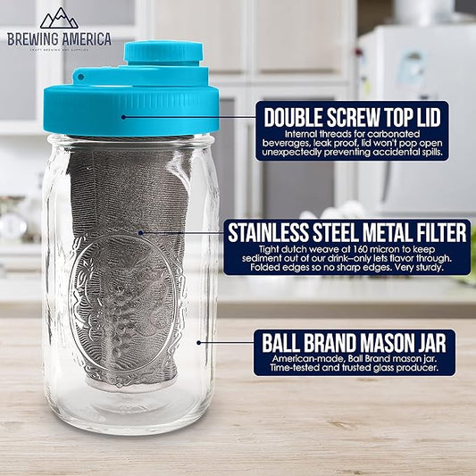 Brewing America Mason Jar Cold Brew Coffee Maker Infuser: Made in USA Wide Mouth Mason Jar Lid with Azure Canning Jar, and Stainless Steel Filter for Delicious Coffee, Tea - 1 Quart 32 oz Teal Lid