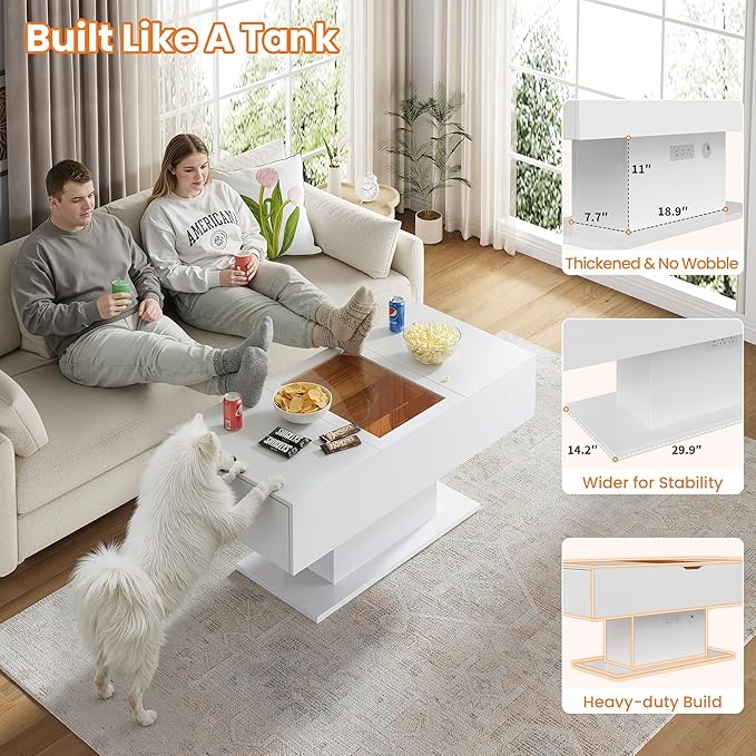 LED Coffee Table, 44" 3-Drawers Modern Coffee Table with Storage and Charging Station, for Living Room, White
