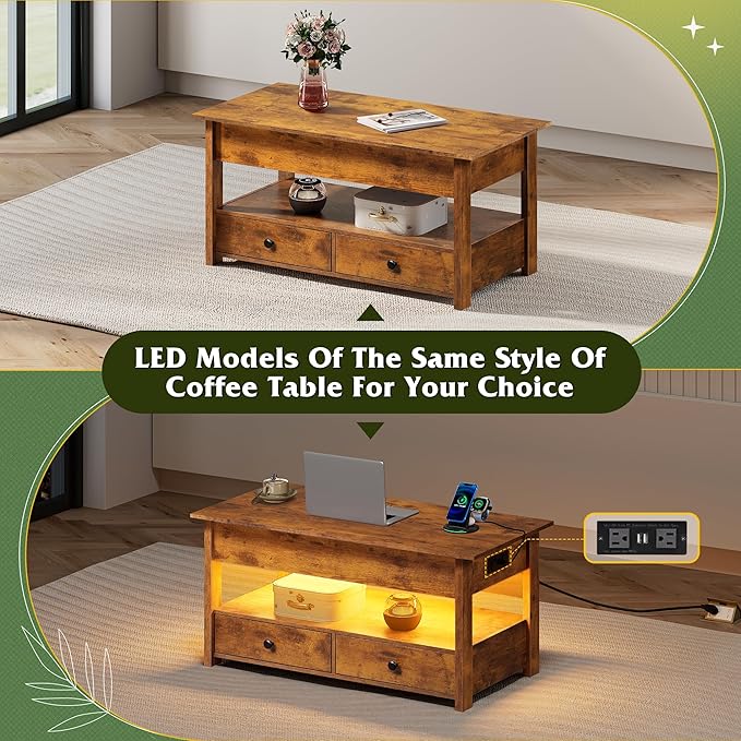 WLIVE Coffee Table, Lift Top Coffee Table with 2 Drawers, LED Light, Large Storage and Open Shelf, Lift Tabletop for Living Room, Black, Rustic Brown